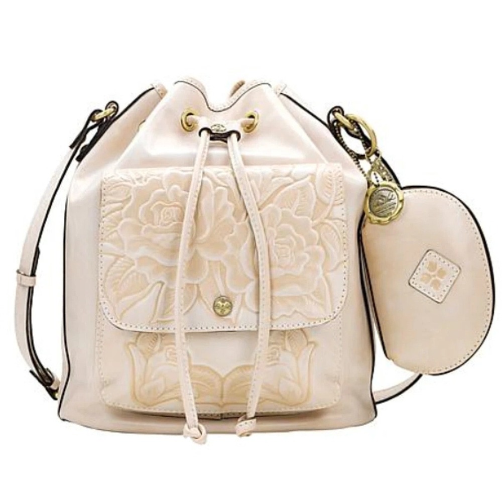 Patricia Nash SABINA Leather Crossbody Drawstring Bag ~Chalk White Distressed